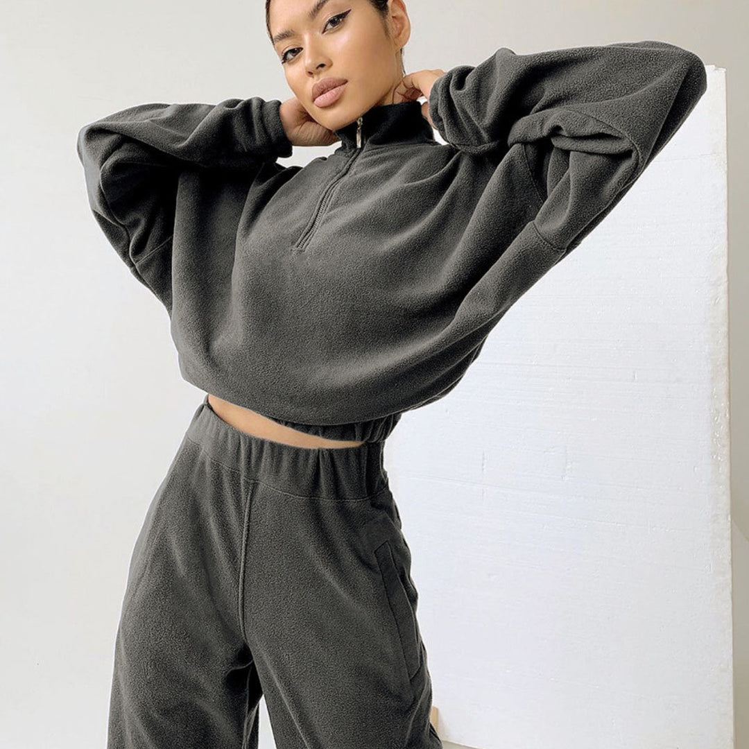 Damen nan kurz geschnittenes Thermo-Fleece-Set mit Halbfront-Reißverschluss und hohem Komfortbund Drune