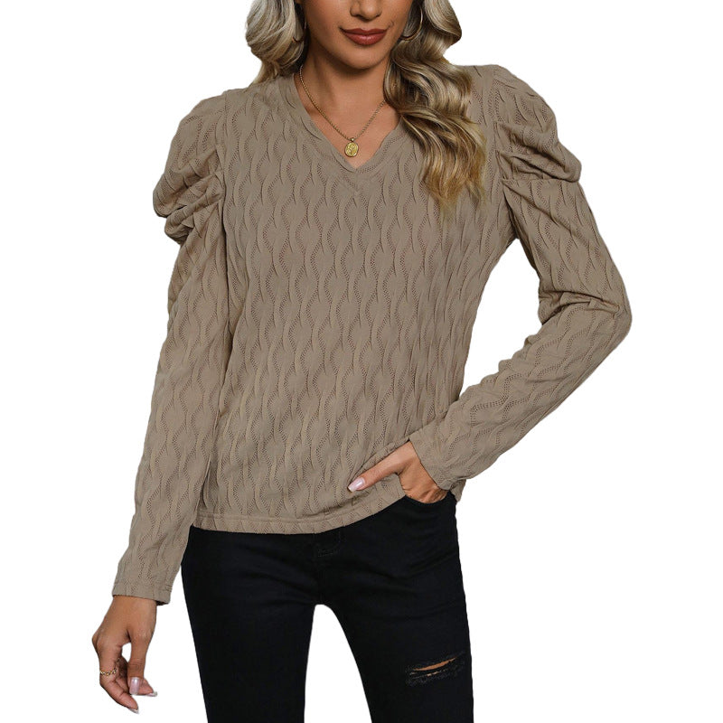 Damen Pullover mit strukturiertem Wellenmuster und eleganten Puffärmeln Drune