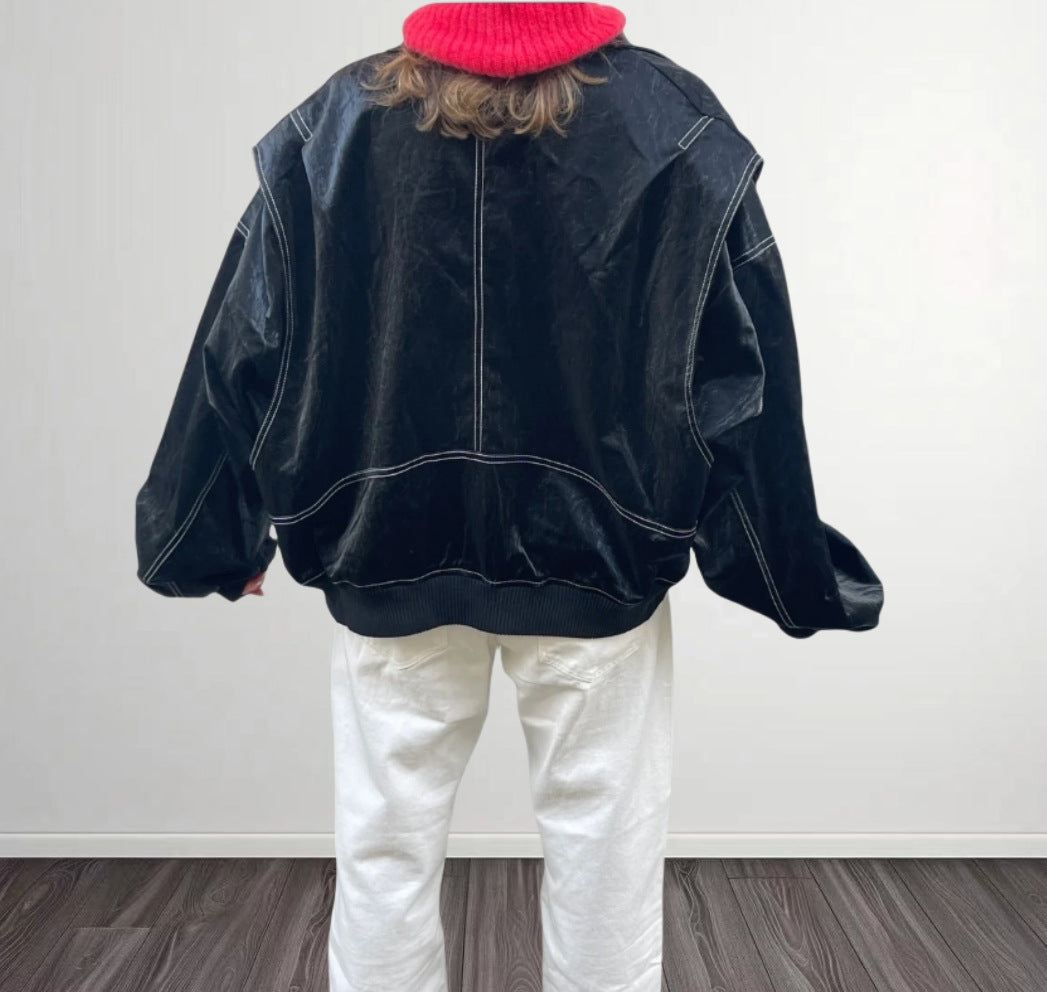 Damen Kunstlederjacke mit praktischen Taschen und elastischem Bund Drune