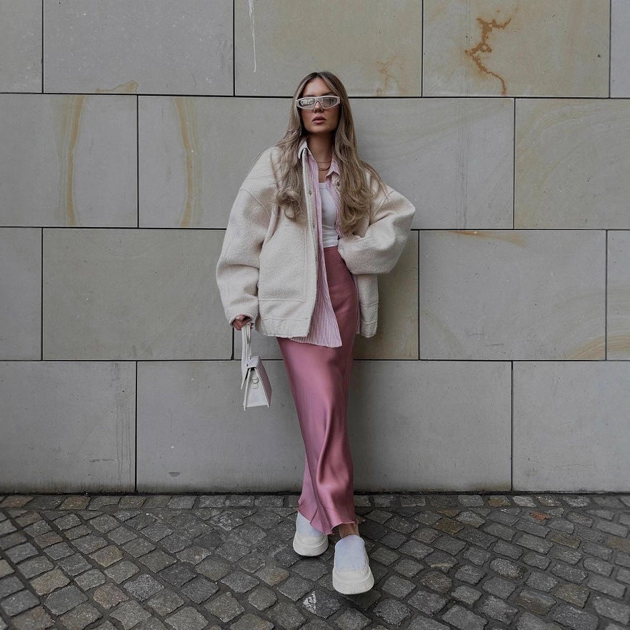 Damen Oversized Wolljacke mit knopflosem Design und weichem Innenfutter Drune