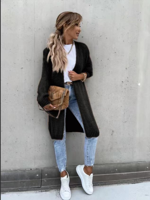 Damen Grober Strickmantel mit tiefen Taschen und modischem Schnitt Drune