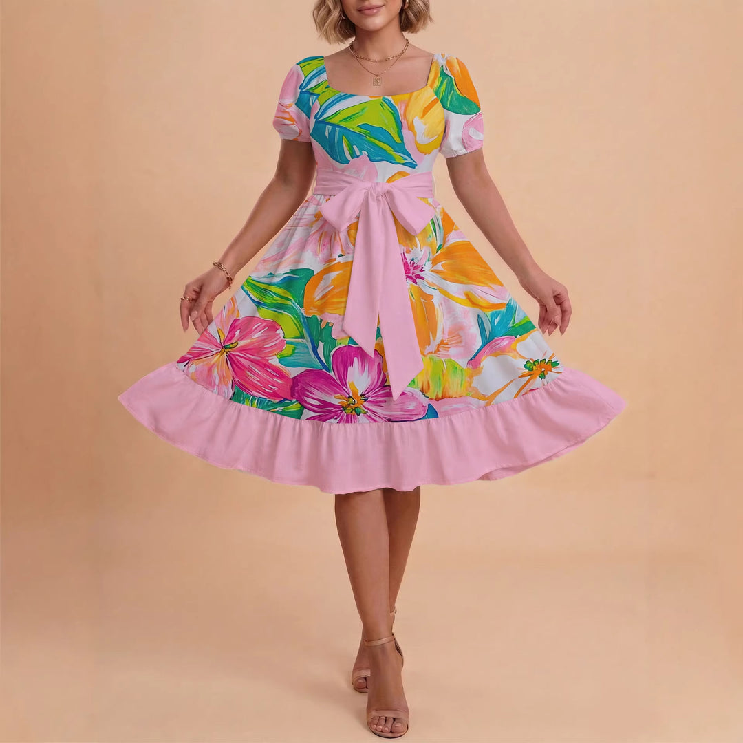 Damen Sommerkleid mit floralem Puffärmel und taillierbarem Gürtel Drune