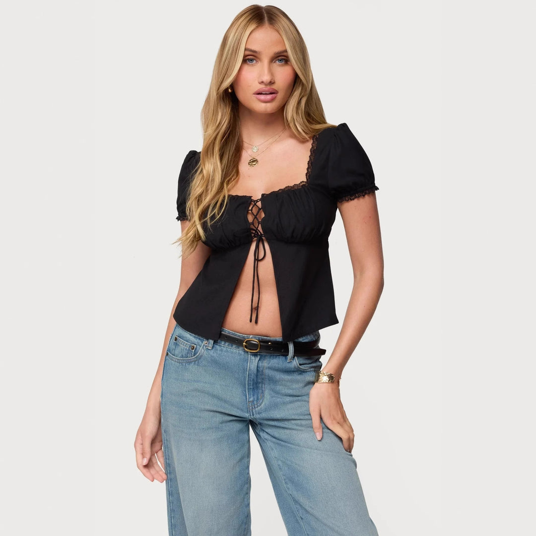 Damen Crop-Oberteil mit Spitzenbesatz und Schnürdetail Drune