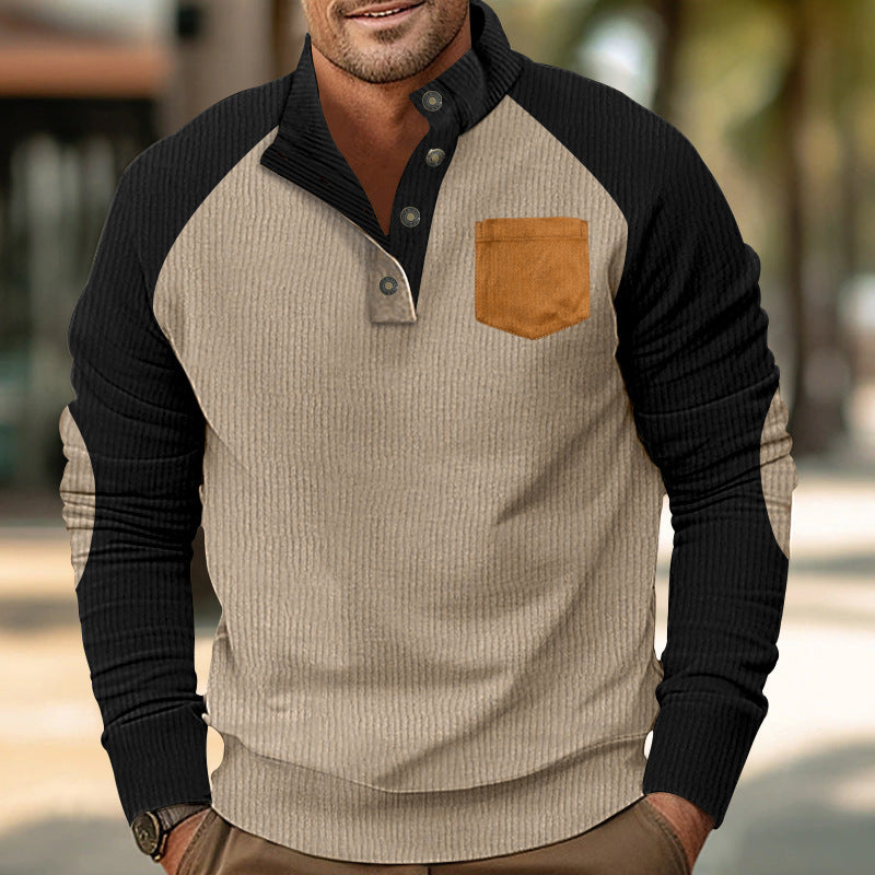 Herren nan geripptes Waffel-Henley-Langarmshirt mit Stehkragen Druckknopfleiste Kontrastärmeln und Brusttasche Drune