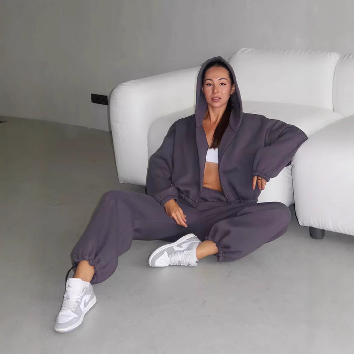 Damen lässiger Cropped-Fleece-Jacke mit hoher Taille Jogginghose Drune