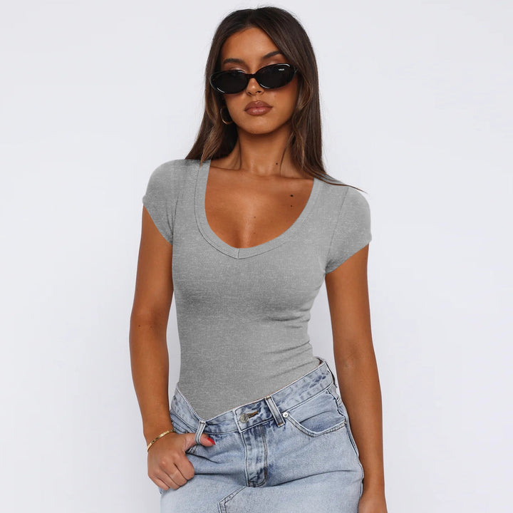 Damen figurbetontes V-Ausschnitt T-Shirt mit kurzen Ärmeln Drune