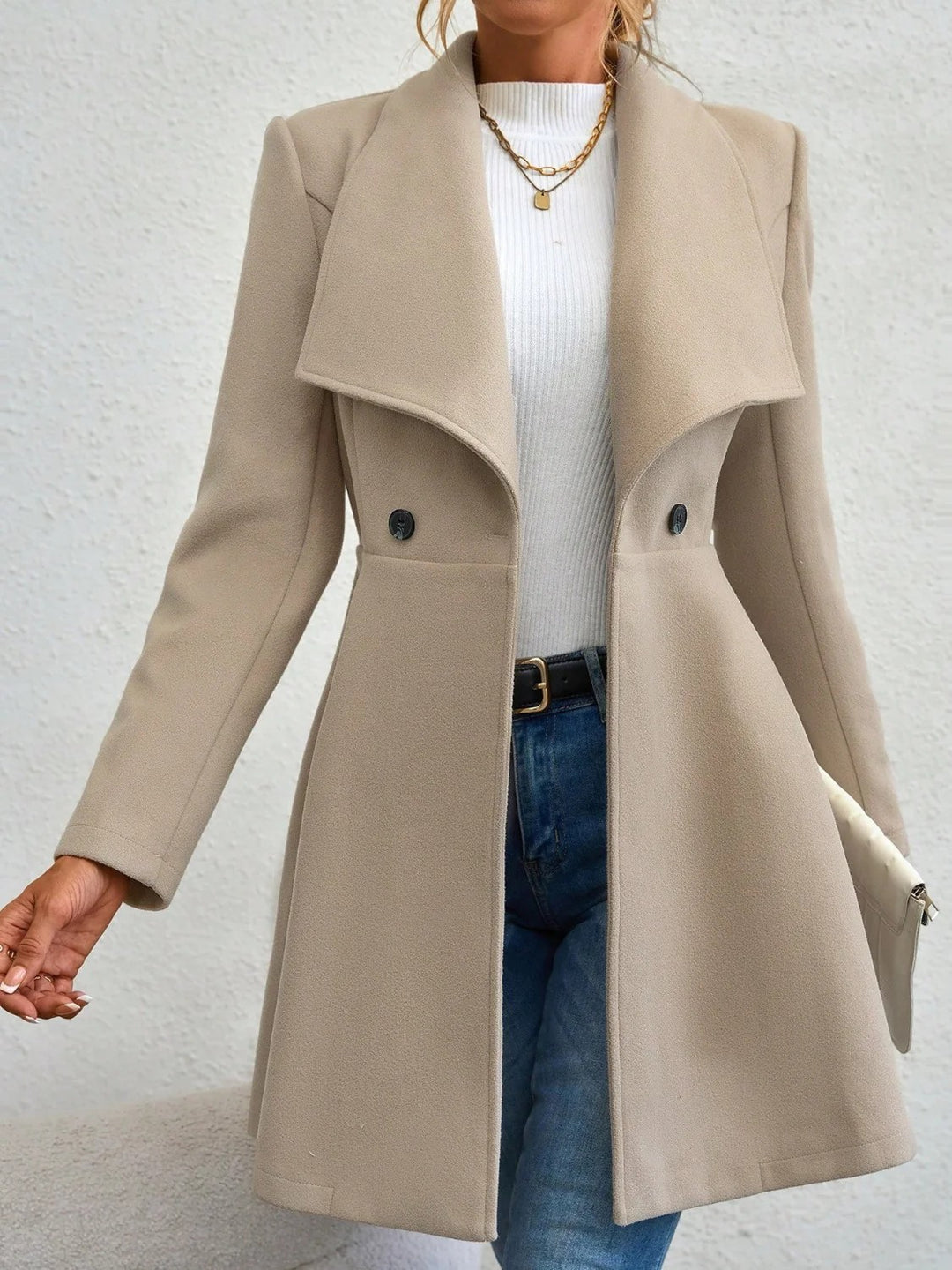 Damen eleganter Wollmantel mit modischem Revers und doppelter Knopfleiste Drune