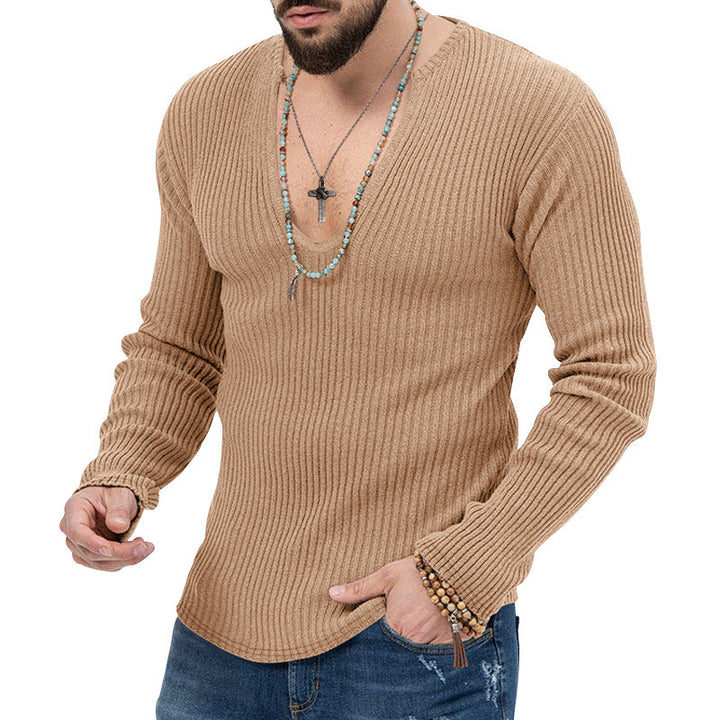 Herren Langarm-Rippenpullover mit tiefem V-Ausschnitt und modernem Schnitt Drune
