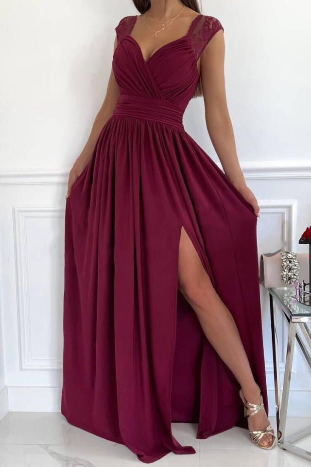 Damen Abendkleid mit elegantem V-Ausschnitt und Rüschendetails Drune