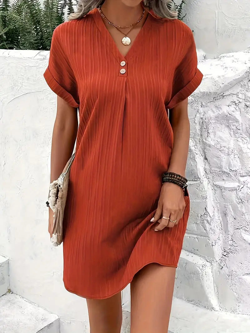 Damen Kurzarm Kleid mit Knopfleiste und feinem Längsstreifenmuster Drune