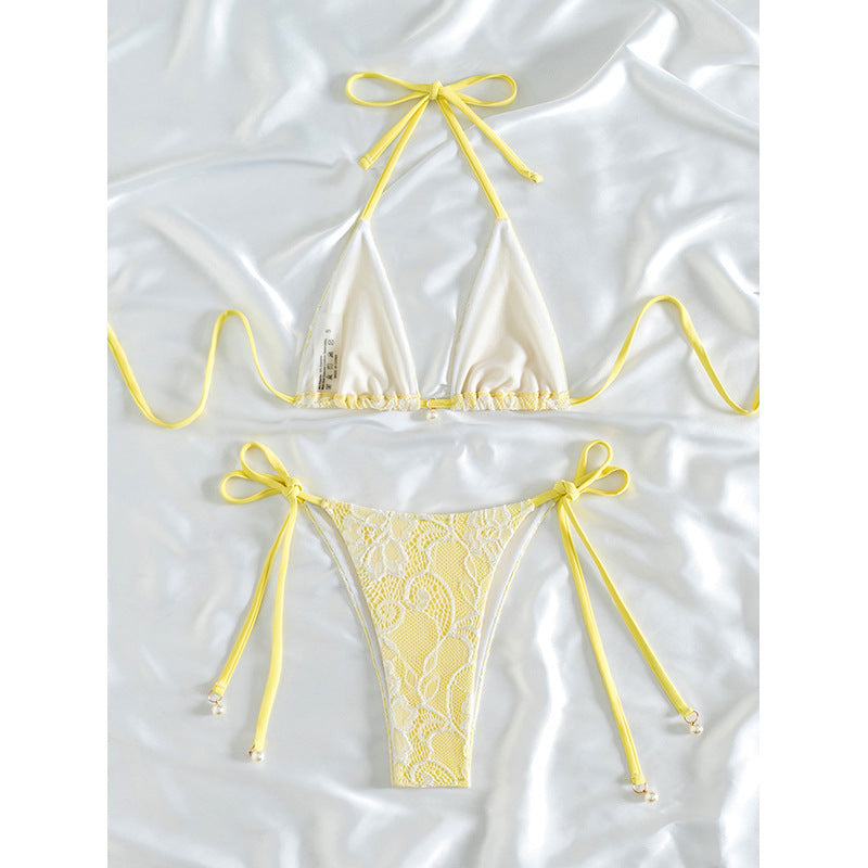 Damen Triangel-Bikini mit zartem Häkelmuster und verstellbaren Bindebändern Drune