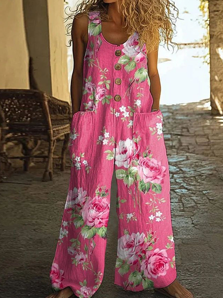 Damen Künstlerische Blumenmuster Latzhose Drune