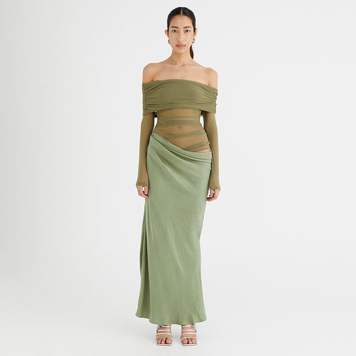 Damen Maxikleid mit schulterfreiem Design und fließendem Stoff Drune