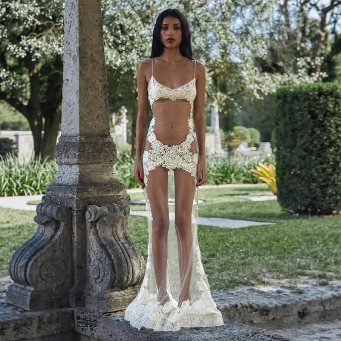 Damen Spitzen-Strandkleid mit elegantem Rückenausschnitt und schwingendem Saum Drune