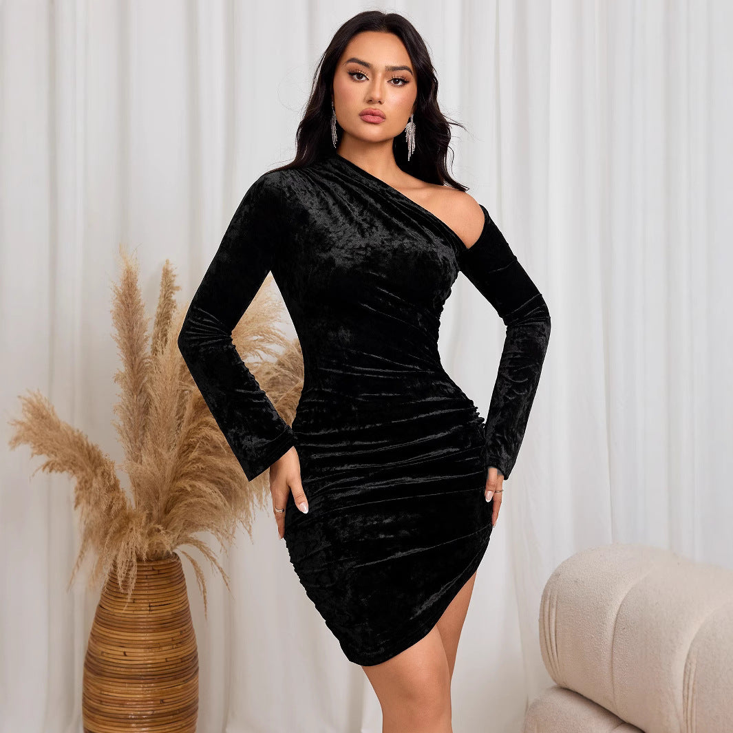 Damen elegantes Ein-Schulter-Kleid aus samtigem Material Drune