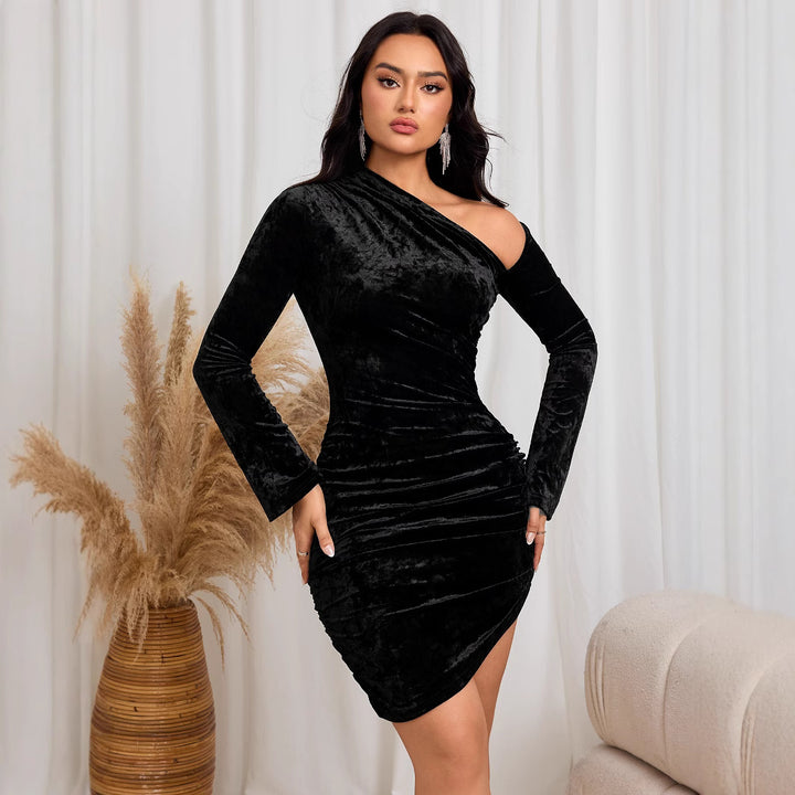 Damen elegantes Ein-Schulter-Kleid aus samtigem Material Drune