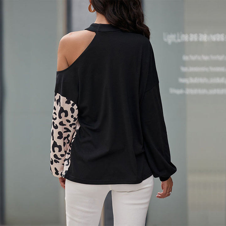 Damen modisches Langarmshirt mit Leopardenmuster und asymmetrischen Einsätzen Drune