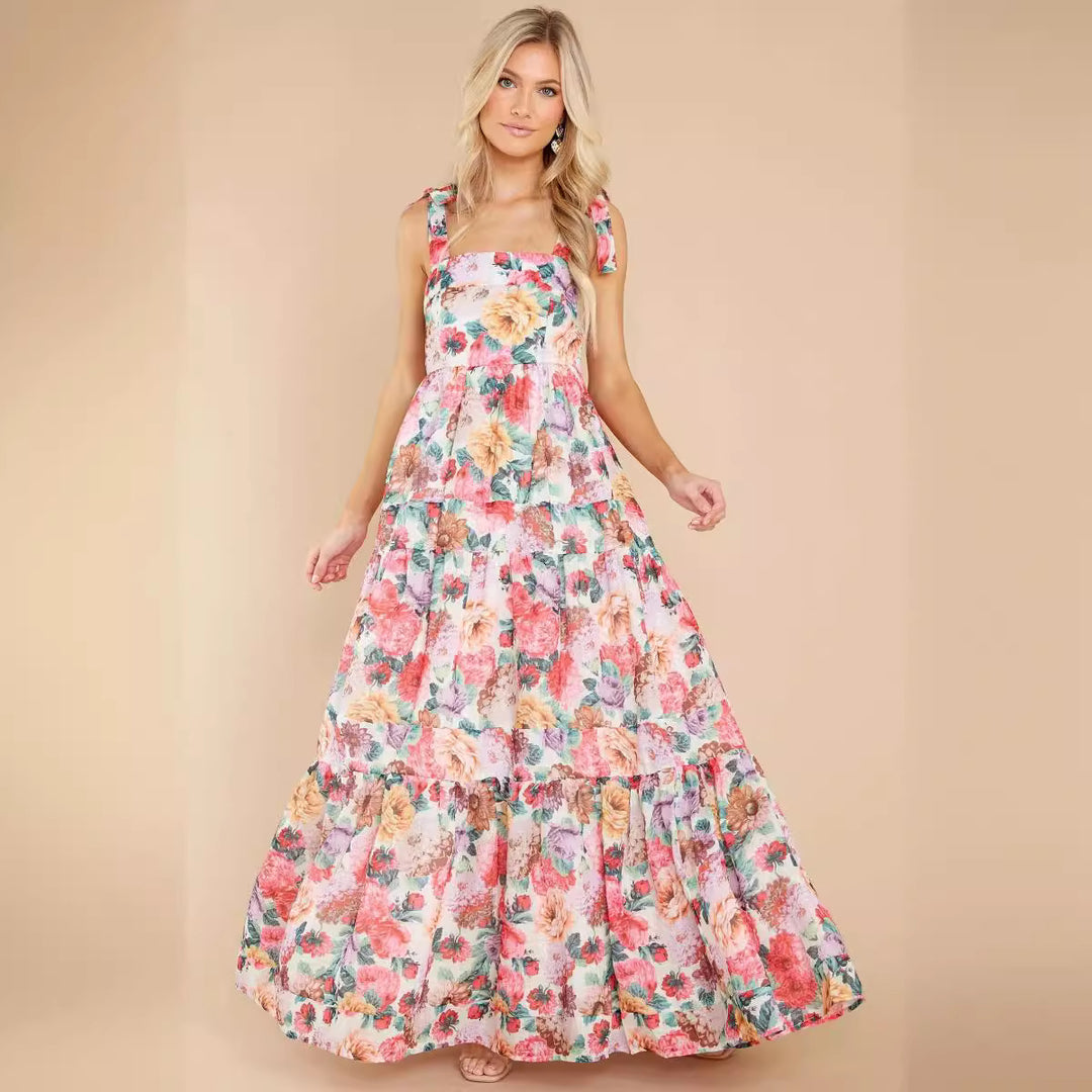 Damen Boho Maxikleid mit verspielten Rüschendetails und Trägern Drune