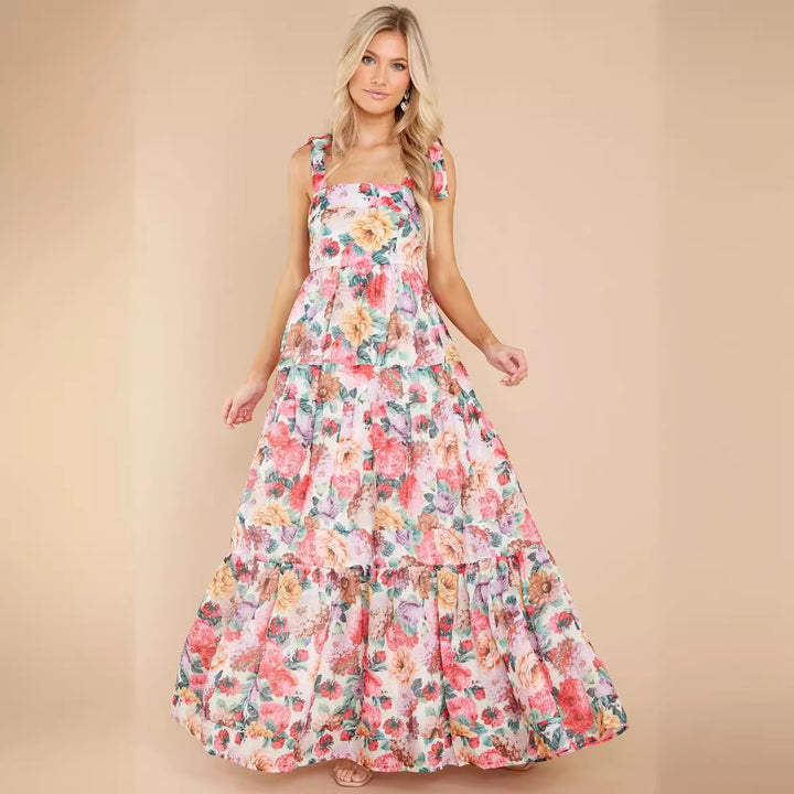 Damen Boho Maxikleid mit verspielten Rüschendetails und Trägern Drune