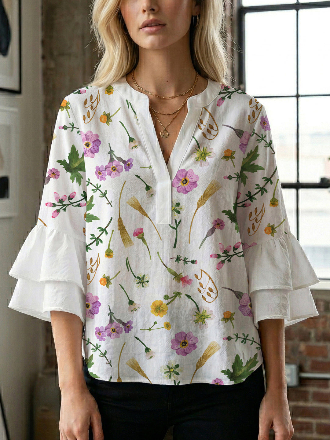 Damen Blusenshirt mit voluminösen Ärmeln und floralem Muster Drune