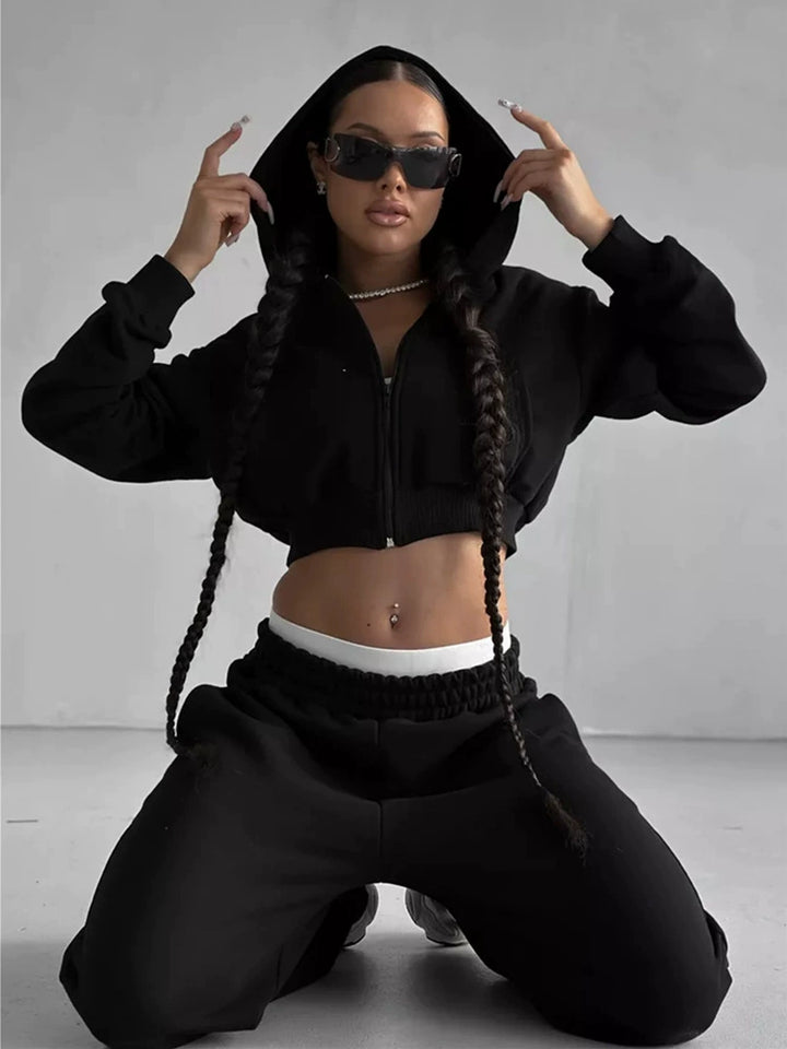 Damen Cozy Crop Hoodie und Weite Lounge-Hosen Set Drune