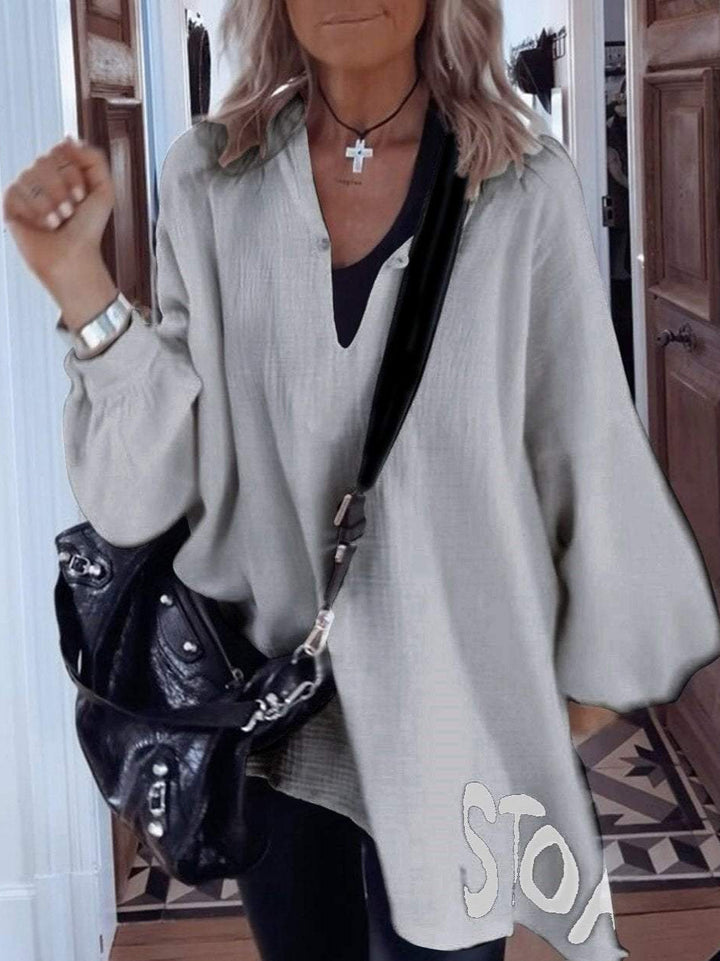 Damen Oversize-Shirt mit tiefem V-Ausschnitt und voluminösen Ärmeln Drune