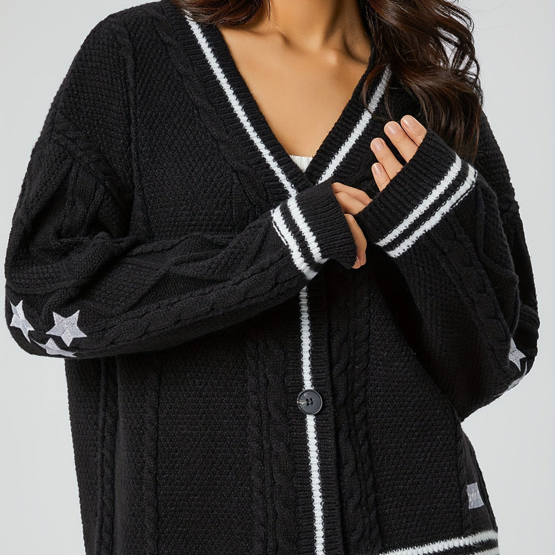 Damen nan oversized Zopfstrick Cardigan mit V-Ausschnitt und kontrastierenden Strickkanten Drune