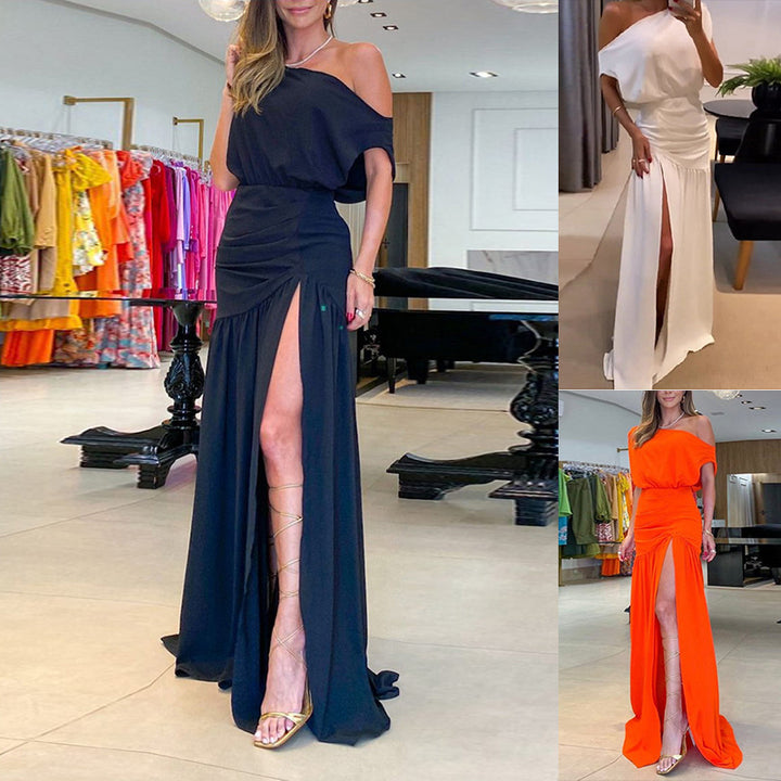 Damen schulterfreies Maxikleid mit fließendem Design und hohem Schlitz Drune
