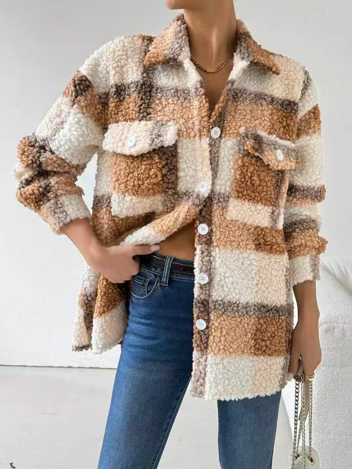 Damen Plüsch Overshirt mit Karomuster Drune