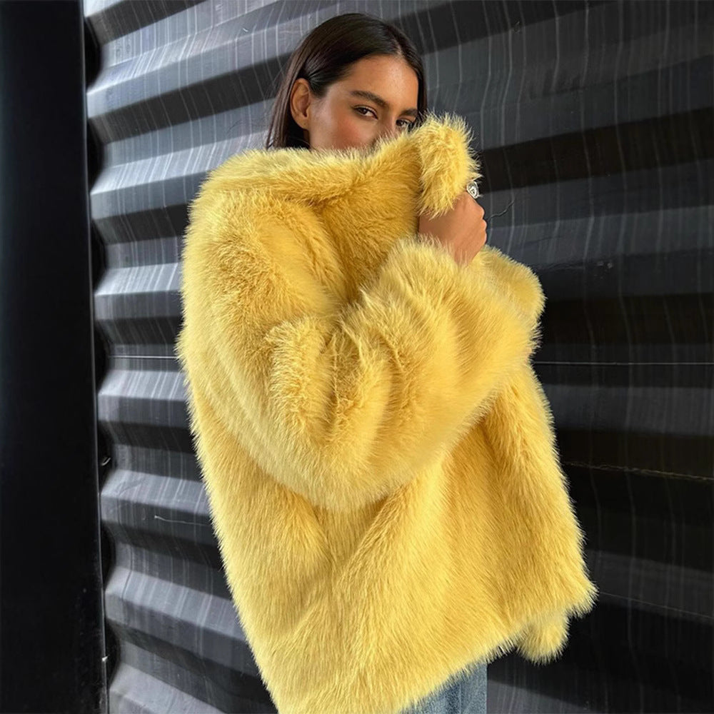 Damen flauschige Teddyjacke mit breitem Kragen und seitlichen Eingrifftaschen Drune
