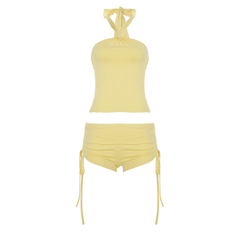 Damen hochwertiges Badeanzug-Set mit verstellbarem Haltertop und Rüschenhosen Drune