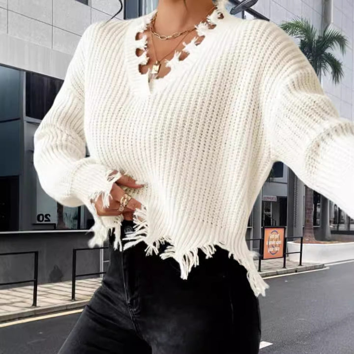 Damen Oversized Strickpullover mit fransigem Saum und raffiniertem Ausschnitt Drune