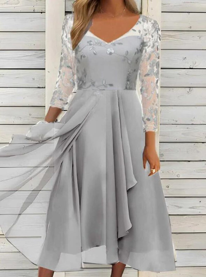 Damen nan V-Ausschnitt Chiffon-Midikleid mit besticktem Bustier, transparenten dreiviertel-Ärmeln und asymmetrischem Lagenrock Drune