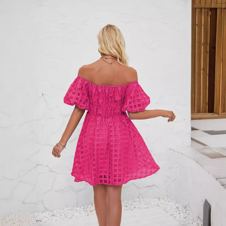 Damen Freizeitkleid im modernen Karomuster mit Puffärmeln und elastischer Taille Drune