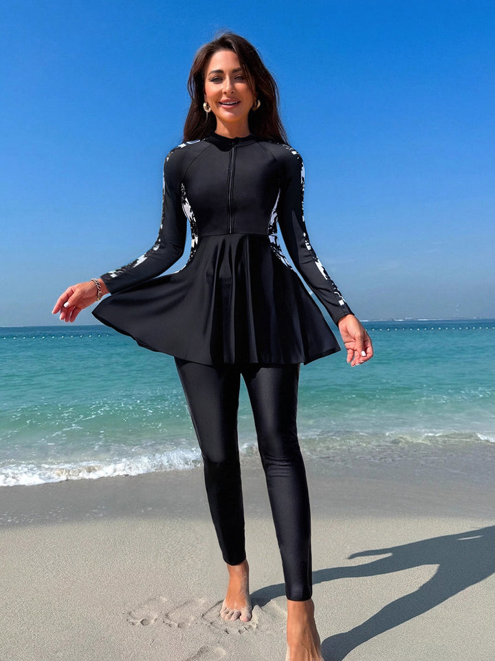 Damen Schwimmanzug mit elegantem Rock und langen Ärmeln Drune