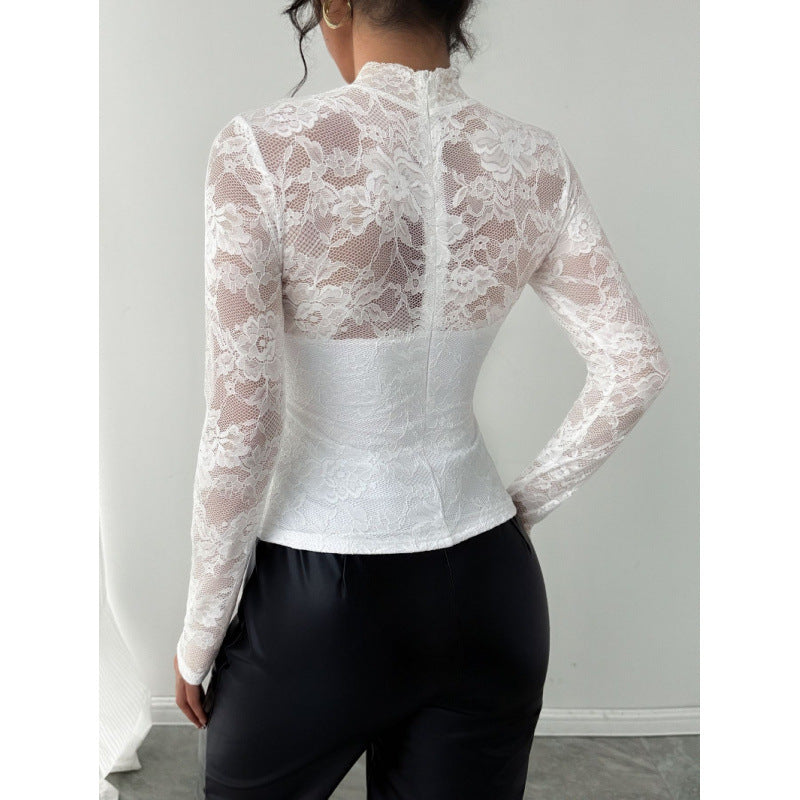 Damen Spitzenbody mit elegantem Stehkragen und langem Arm Drune