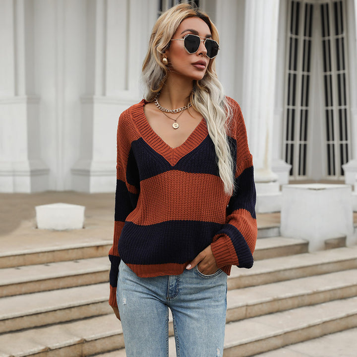 Damen Oversized Strickpullover mit V-Ausschnitt und Blockstreifen Drune