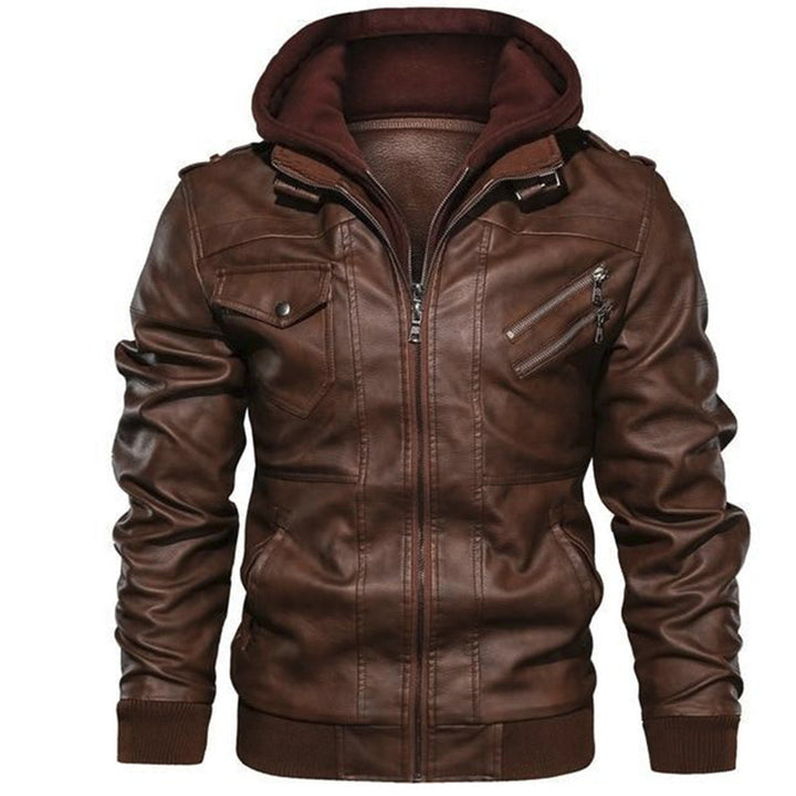 Herren modische Lederjacke mit abnehmbarer Kapuze Drune