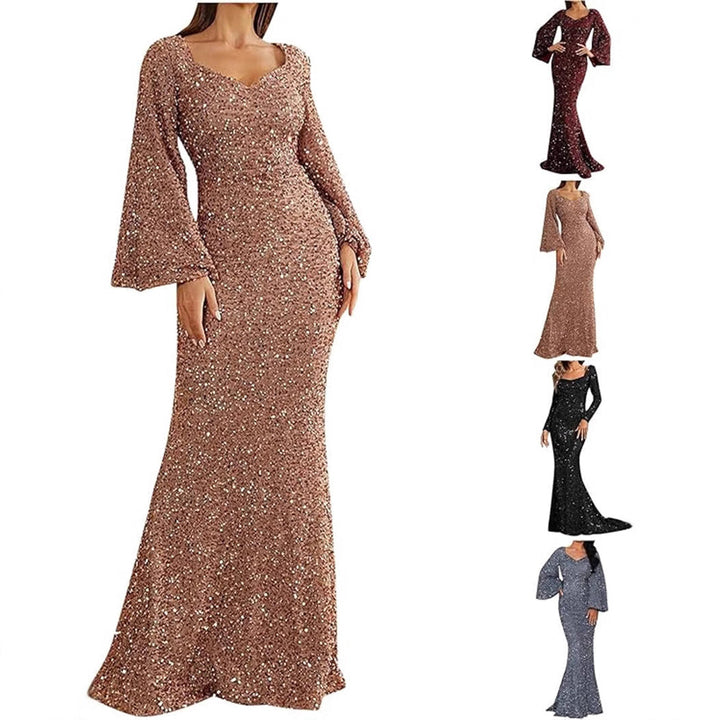 Damen Glamouröses Glitzer-Abendkleid mit schwingendem Rock und voluminösen Ärmeln Drune