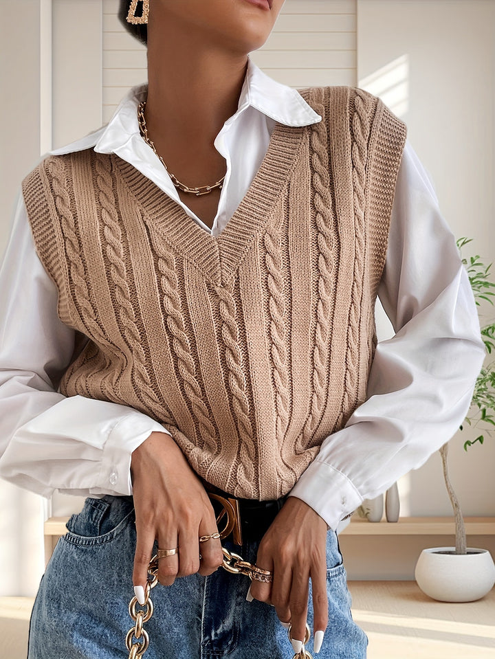 Damen Strickweste mit V-Ausschnitt und Zopfmuster Drune