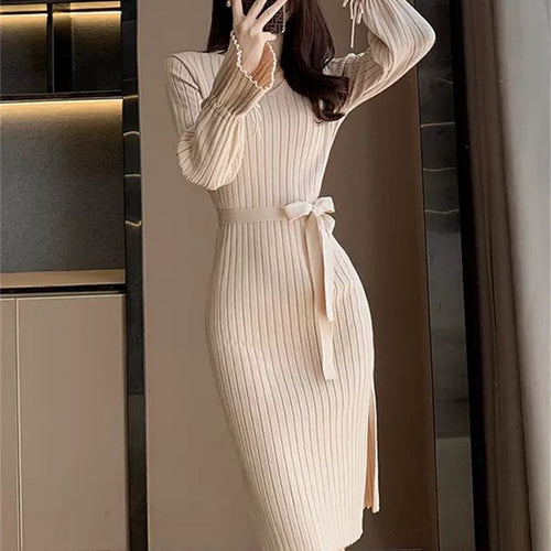 Damen Figurbetontes Maxikleid mit Bindegürtel und Rippstruktur Drune