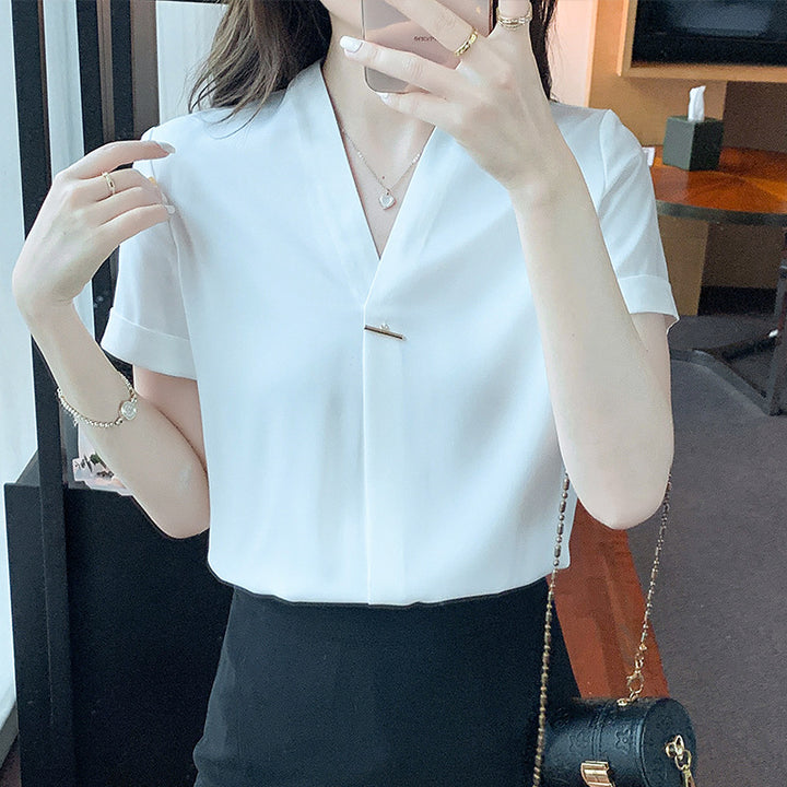 Damen Elegante Bluse mit V-Ausschnitt und modischem Knopfdetail Drune