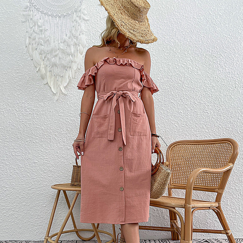 Damen Off-Shoulder Midi-Kleid mit Rüschendetails und Bindegürtel Drune