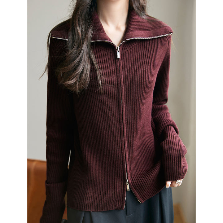Damen modischer Strickpullover mit hochschließendem Reißverschluss und Rippenstruktur Drune