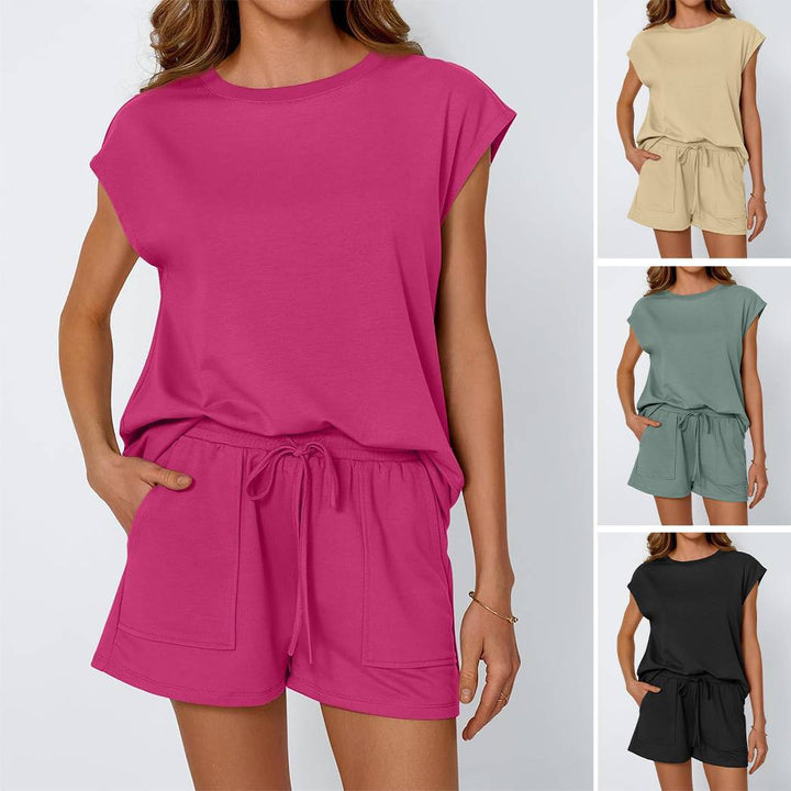 Damen lässiges Sommer-Set aus Oberteil und Shorts mit Kordelzug Drune