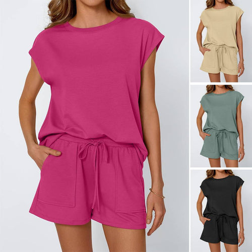 Damen lässiges Sommer-Set aus Oberteil und Shorts mit Kordelzug Drune
