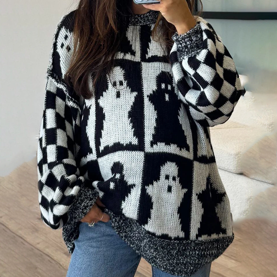 Damen Grobstrickpullover mit modernem Geistermotiv und lässigem Schnitt Drune
