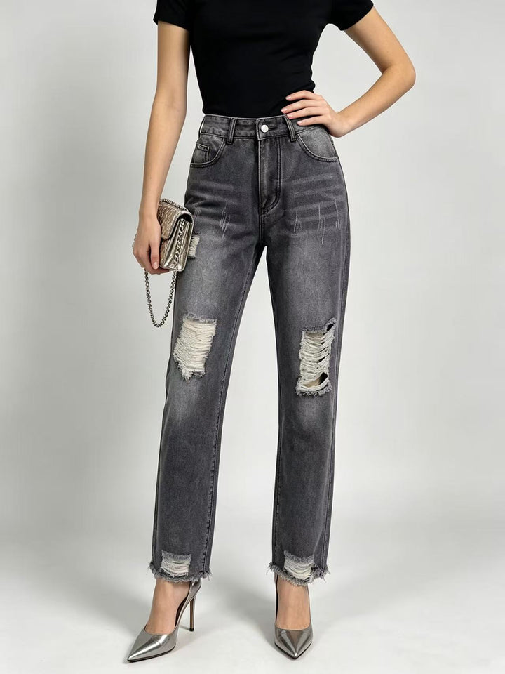 Damen nan hochgeschnittene Straight Leg Jeans mit gezielten Rissdetails und rohem Knöchelabschluss Drune