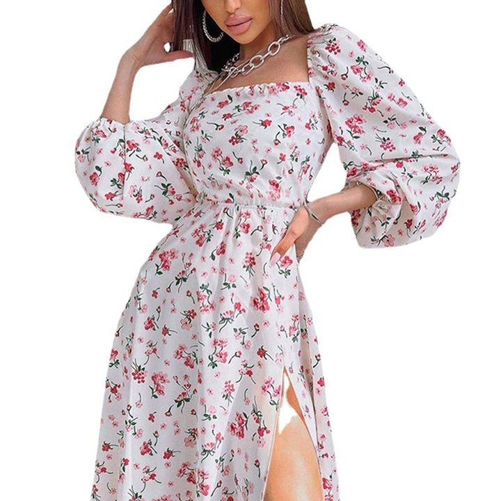 Damen Maxikleid mit elastischen Puffärmeln und sexy Schlitz Drune