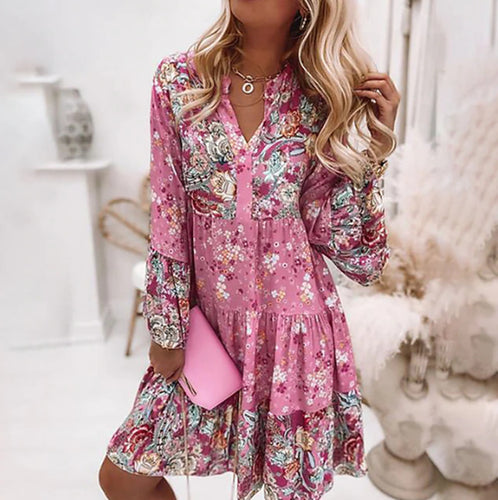 Damen nan kurzes Stufenkleid im Boho-Print mit V-Ausschnitt, geraffter Brustpasse und Balloonärmeln Drune